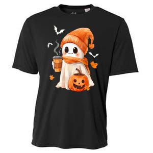 Cute Ghost Drinking Coffee Halloween Ghost Ice Coffee Gift Cooling Performance Crew T-Shirt