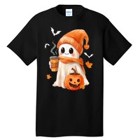 Cute Ghost Drinking Coffee Halloween Ghost Ice Coffee Gift Tall T-Shirt