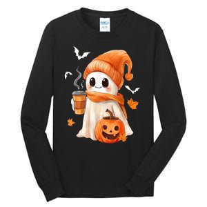 Cute Ghost Drinking Coffee Halloween Ghost Ice Coffee Gift Tall Long Sleeve T-Shirt