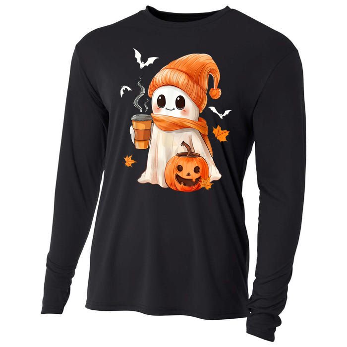 Cute Ghost Drinking Coffee Halloween Ghost Ice Coffee Gift Cooling Performance Long Sleeve Crew