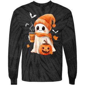 Cute Ghost Drinking Coffee Halloween Ghost Ice Coffee Gift Tie-Dye Long Sleeve Shirt