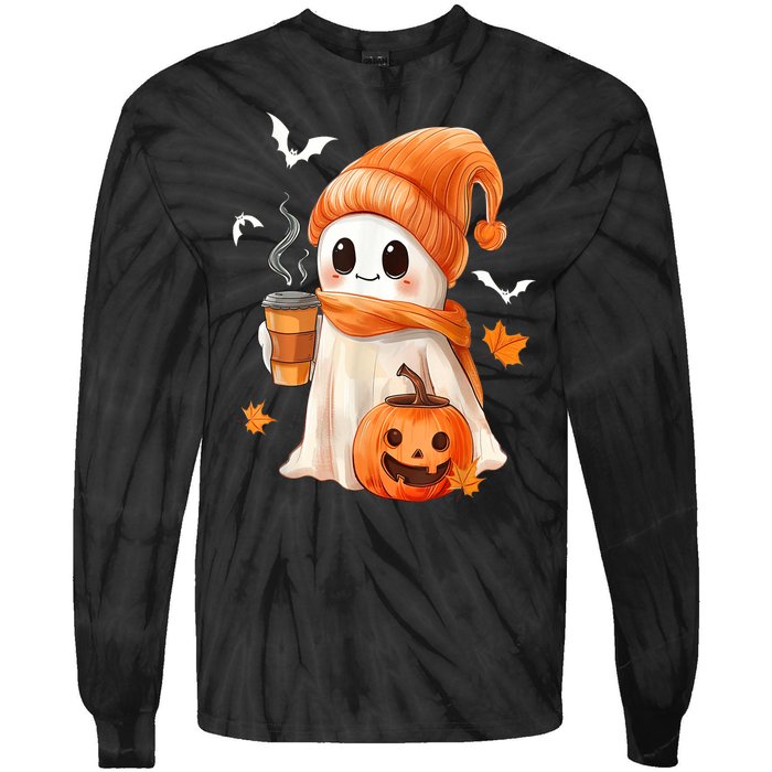 Cute Ghost Drinking Coffee Halloween Ghost Ice Coffee Gift Tie-Dye Long Sleeve Shirt