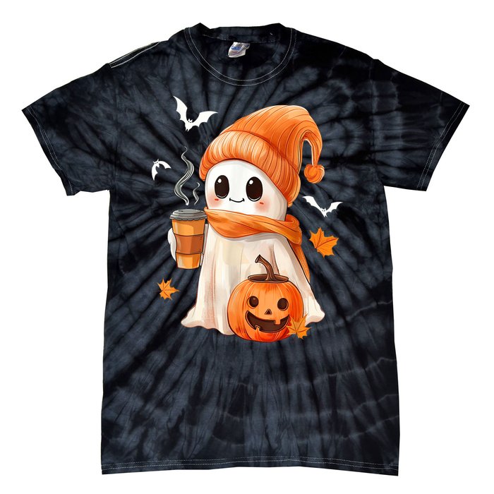 Cute Ghost Drinking Coffee Halloween Ghost Ice Coffee Gift Tie-Dye T-Shirt