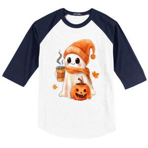 Cute Ghost Drinking Coffee Halloween Ghost Ice Coffee Gift Baseball Sleeve Shirt