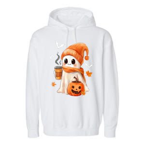 Cute Ghost Drinking Coffee Halloween Ghost Ice Coffee Gift Garment-Dyed Fleece Hoodie