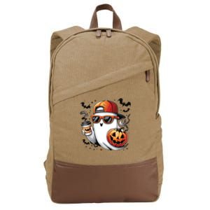 Cute Ghost Drinking Coffee Halloween Boy Ghost Ice Coffee Cotton Canvas Backpack