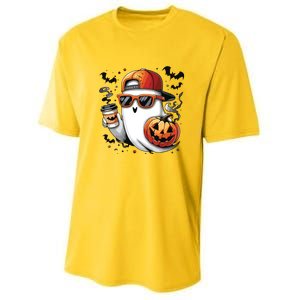 Cute Ghost Drinking Coffee Halloween Boy Ghost Ice Coffee Youth Performance Sprint T-Shirt