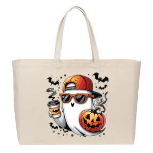 Cute Ghost Drinking Coffee Halloween Boy Ghost Ice Coffee Cotton Canvas Jumbo Tote