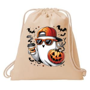 Cute Ghost Drinking Coffee Halloween Boy Ghost Ice Coffee Drawstring Bag