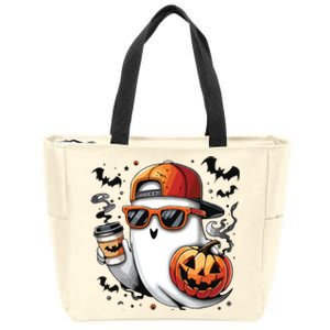 Cute Ghost Drinking Coffee Halloween Boy Ghost Ice Coffee Zip Tote Bag