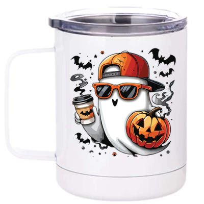 Cute Ghost Drinking Coffee Halloween Boy Ghost Ice Coffee 12 oz Stainless Steel Tumbler Cup