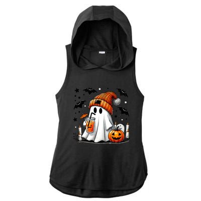 Cute Ghost Drinking Coffee Halloween Ghost Coffee Ladies PosiCharge Tri-Blend Wicking Draft Hoodie Tank