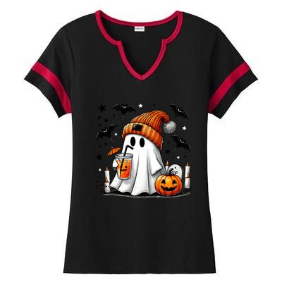 Cute Ghost Drinking Coffee Halloween Ghost Coffee Ladies Halftime Notch Neck Tee