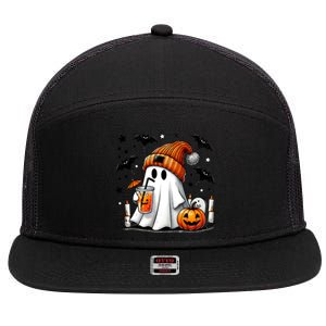 Cute Ghost Drinking Coffee Halloween Ghost Coffee 7 Panel Mesh Trucker Snapback Hat