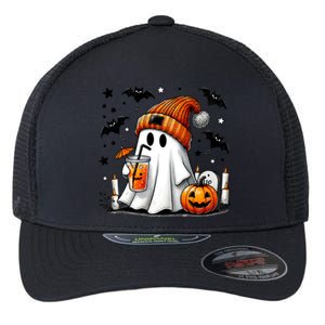 Cute Ghost Drinking Coffee Halloween Ghost Coffee Flexfit Unipanel Trucker Cap