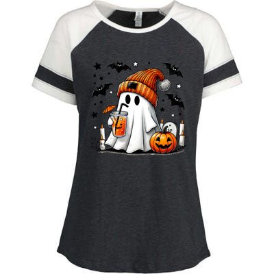 Cute Ghost Drinking Coffee Halloween Ghost Coffee Enza Ladies Jersey Colorblock Tee