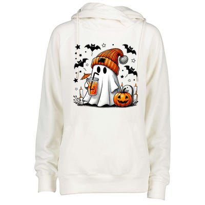 Cute Ghost Drinking Coffee Halloween Ghost Coffee Womens Funnel Neck Pullover Hood