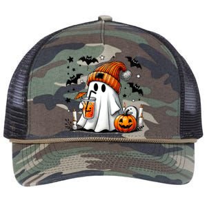 Cute Ghost Drinking Coffee Halloween Ghost Coffee Retro Rope Trucker Hat Cap