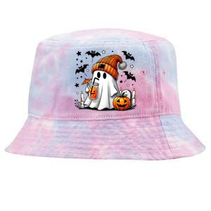 Cute Ghost Drinking Coffee Halloween Ghost Coffee Tie-Dyed Bucket Hat