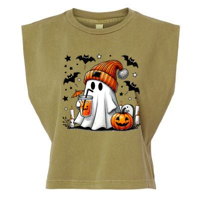 Cute Ghost Drinking Coffee Halloween Ghost Coffee Garment-Dyed Women's Muscle Tee