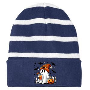 Cute Ghost Drinking Coffee Halloween Ghost Coffee Striped Beanie with Solid Band