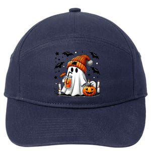 Cute Ghost Drinking Coffee Halloween Ghost Coffee 7-Panel Snapback Hat