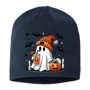 Cute Ghost Drinking Coffee Halloween Ghost Coffee Sustainable Beanie