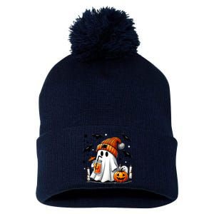 Cute Ghost Drinking Coffee Halloween Ghost Coffee Pom Pom 12in Knit Beanie