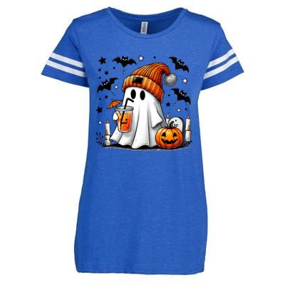 Cute Ghost Drinking Coffee Halloween Ghost Coffee Enza Ladies Jersey Football T-Shirt