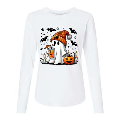 Cute Ghost Drinking Coffee Halloween Ghost Coffee Womens Cotton Relaxed Long Sleeve T-Shirt