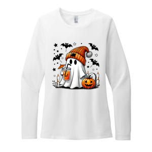 Cute Ghost Drinking Coffee Halloween Ghost Coffee Womens CVC Long Sleeve Shirt