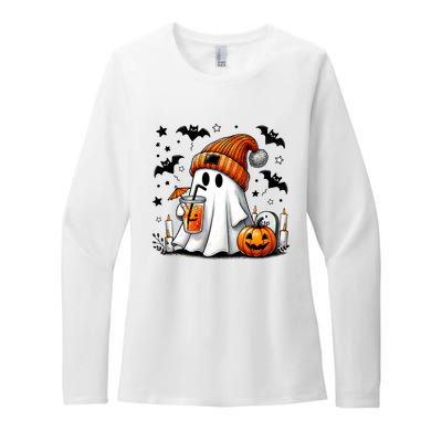 Cute Ghost Drinking Coffee Halloween Ghost Coffee Womens CVC Long Sleeve Shirt