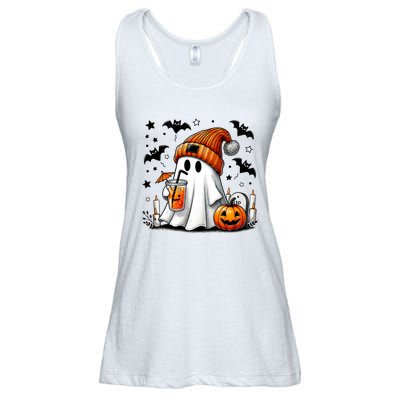 Cute Ghost Drinking Coffee Halloween Ghost Coffee Ladies Essential Flowy Tank