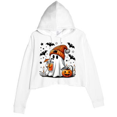 Cute Ghost Drinking Coffee Halloween Ghost Coffee Crop Fleece Hoodie