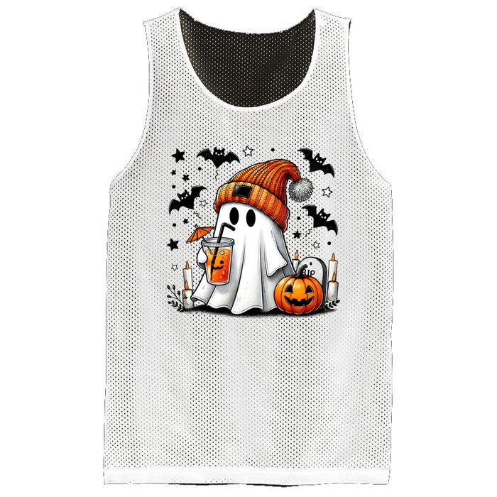 Cute Ghost Drinking Coffee Halloween Ghost Coffee Mesh Reversible Basketball Jersey Tank