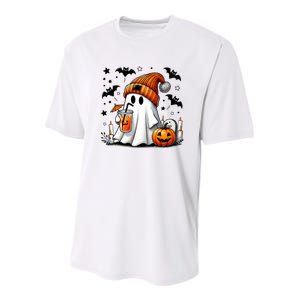 Cute Ghost Drinking Coffee Halloween Ghost Coffee Youth Performance Sprint T-Shirt