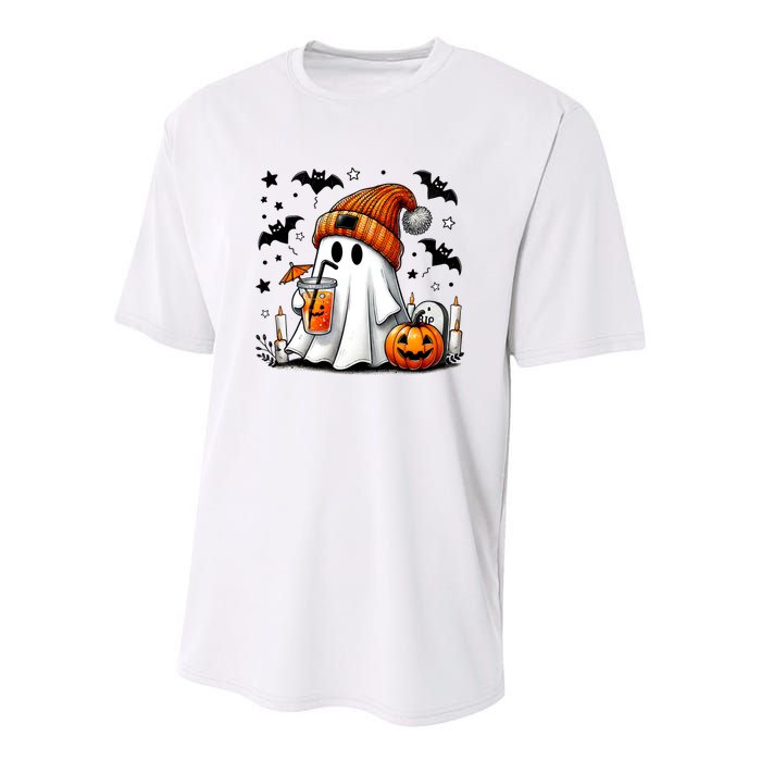 Cute Ghost Drinking Coffee Halloween Ghost Coffee Youth Performance Sprint T-Shirt