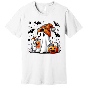 Cute Ghost Drinking Coffee Halloween Ghost Coffee Premium T-Shirt