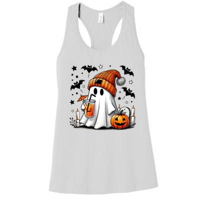 Cute Ghost Drinking Coffee Halloween Ghost Coffee Women's Racerback Tank