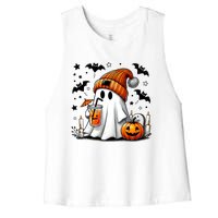 Cute Ghost Drinking Coffee Halloween Ghost Coffee Women's Racerback Cropped Tank