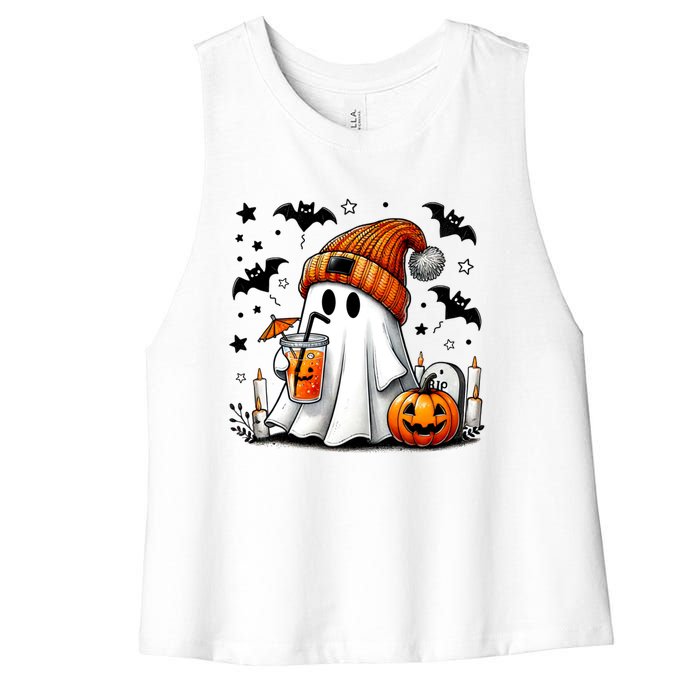 Cute Ghost Drinking Coffee Halloween Ghost Coffee Women's Racerback Cropped Tank