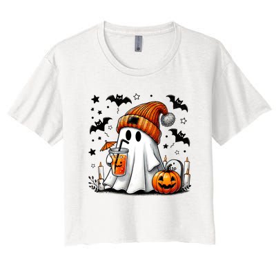 Cute Ghost Drinking Coffee Halloween Ghost Coffee Women's Crop Top Tee