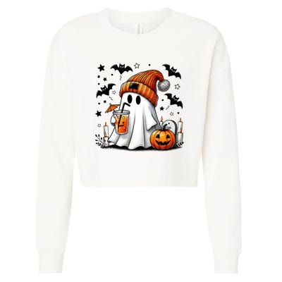 Cute Ghost Drinking Coffee Halloween Ghost Coffee Cropped Pullover Crew