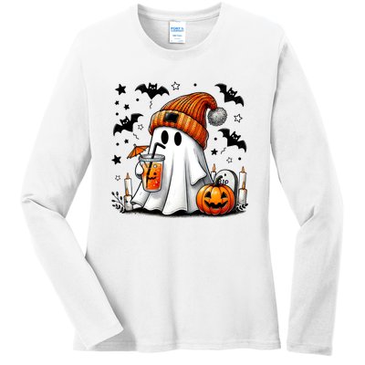 Cute Ghost Drinking Coffee Halloween Ghost Coffee Ladies Long Sleeve Shirt