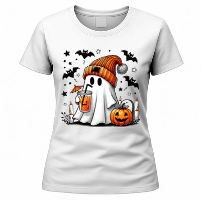 Cute Ghost Drinking Coffee Halloween Ghost Coffee Women's T-Shirt