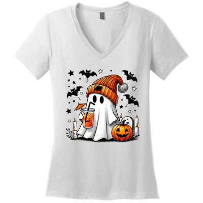 Cute Ghost Drinking Coffee Halloween Ghost Coffee Women's V-Neck T-Shirt