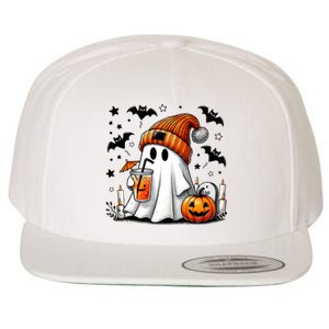 Cute Ghost Drinking Coffee Halloween Ghost Coffee Wool Snapback Cap