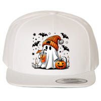 Cute Ghost Drinking Coffee Halloween Ghost Coffee Wool Snapback Cap