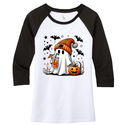 Cute Ghost Drinking Coffee Halloween Ghost Coffee Women's Tri-Blend 3/4-Sleeve Raglan Shirt