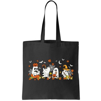 Cute Ghost Drinking Coffee Halloween Fall Ghost Book Reading Tote Bag